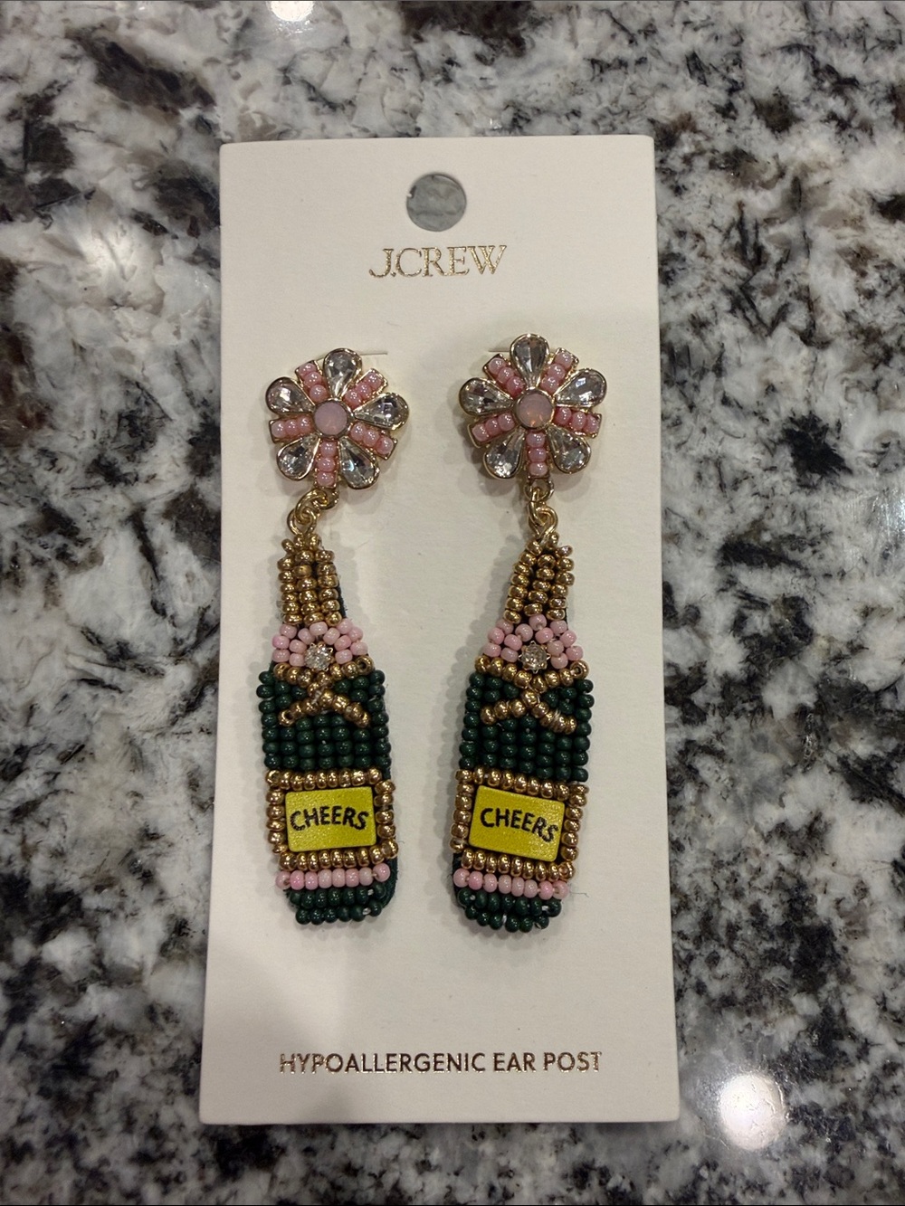 J. Crew Pink and Green Beaded 'Cheers' Bottle Drop Earrings